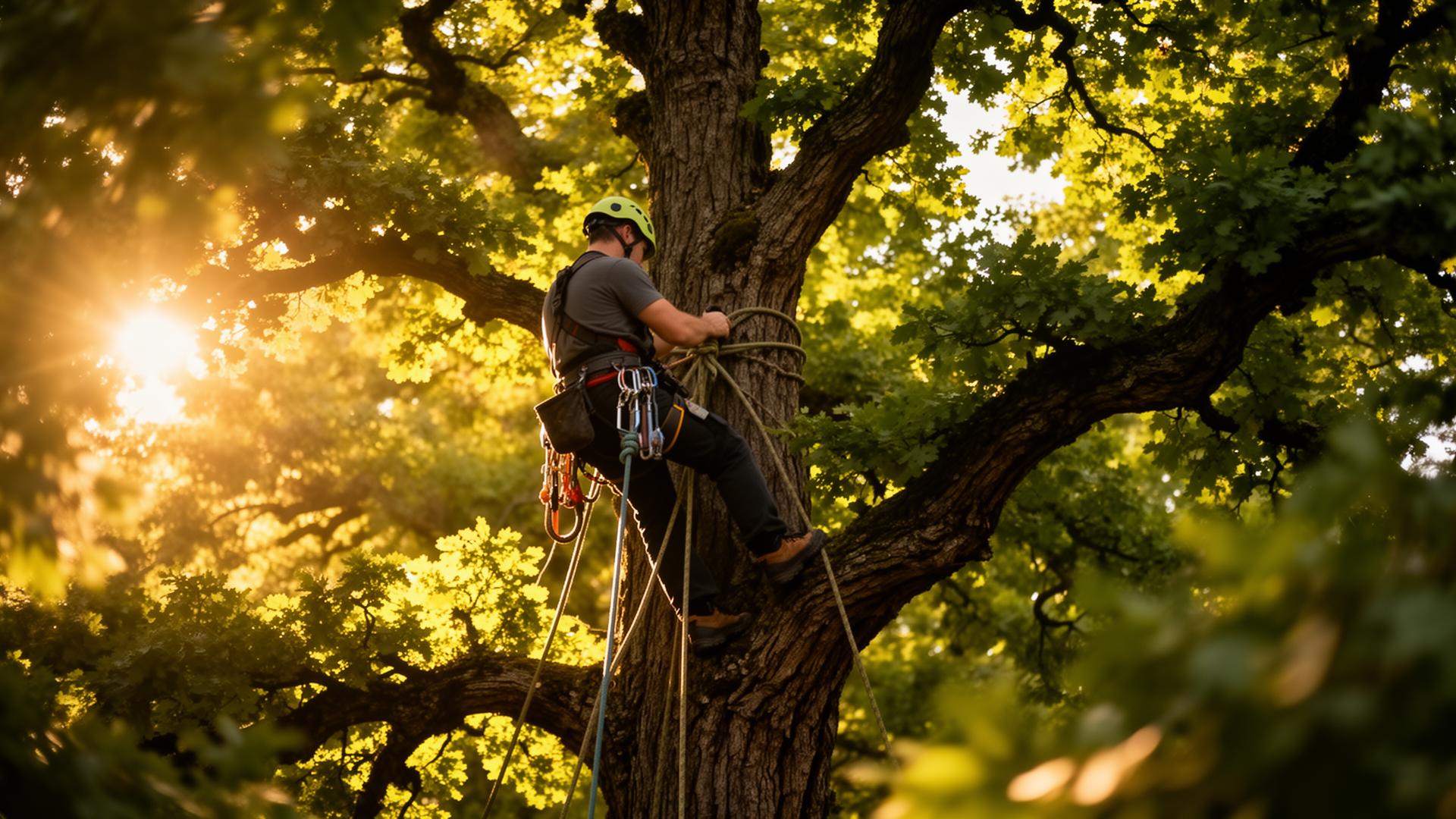 Arborist climbing a sunlit oak tree